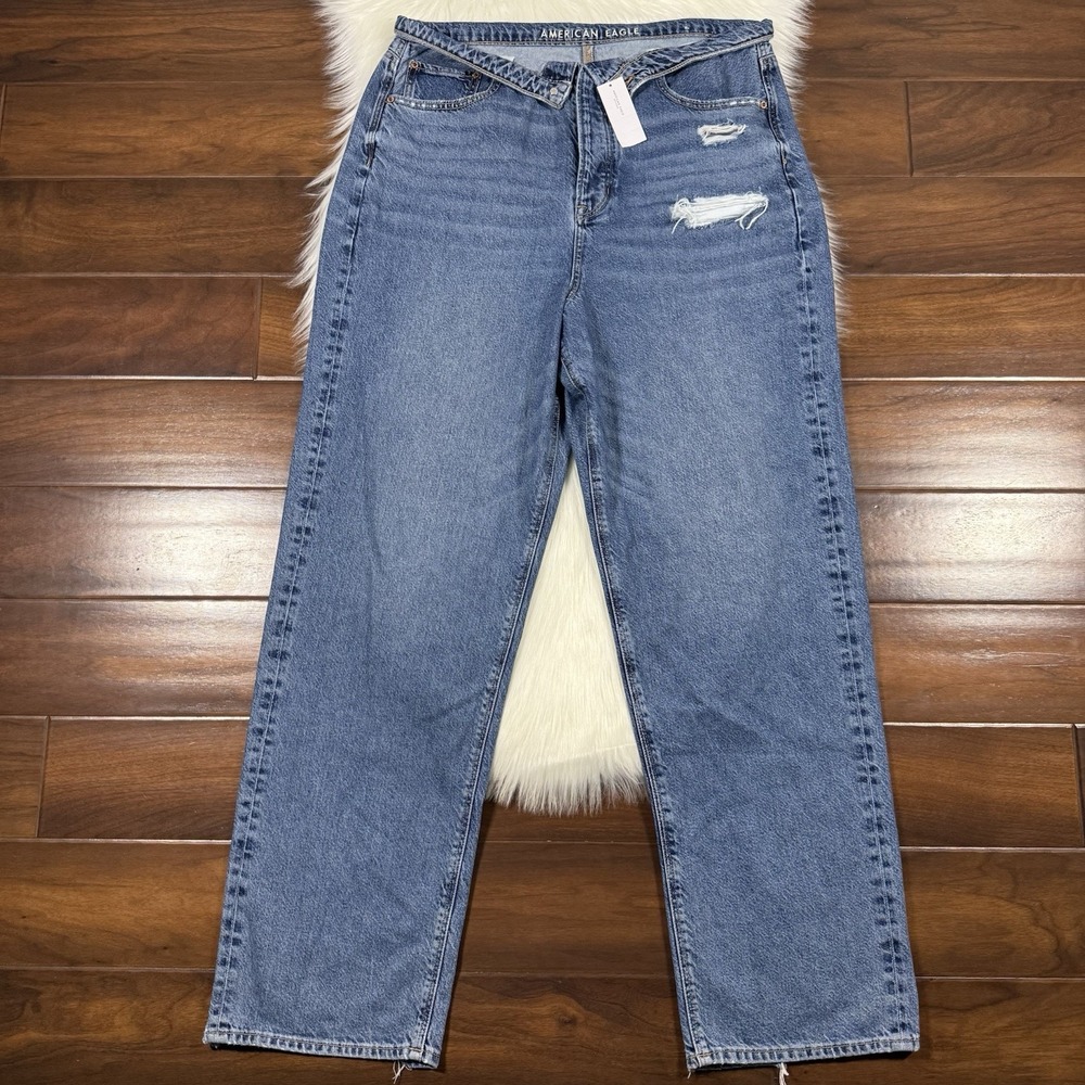 American Eagle Size 16 R Dreamy Indigo Baggy Straight Denim Jeans Fold Waist‎